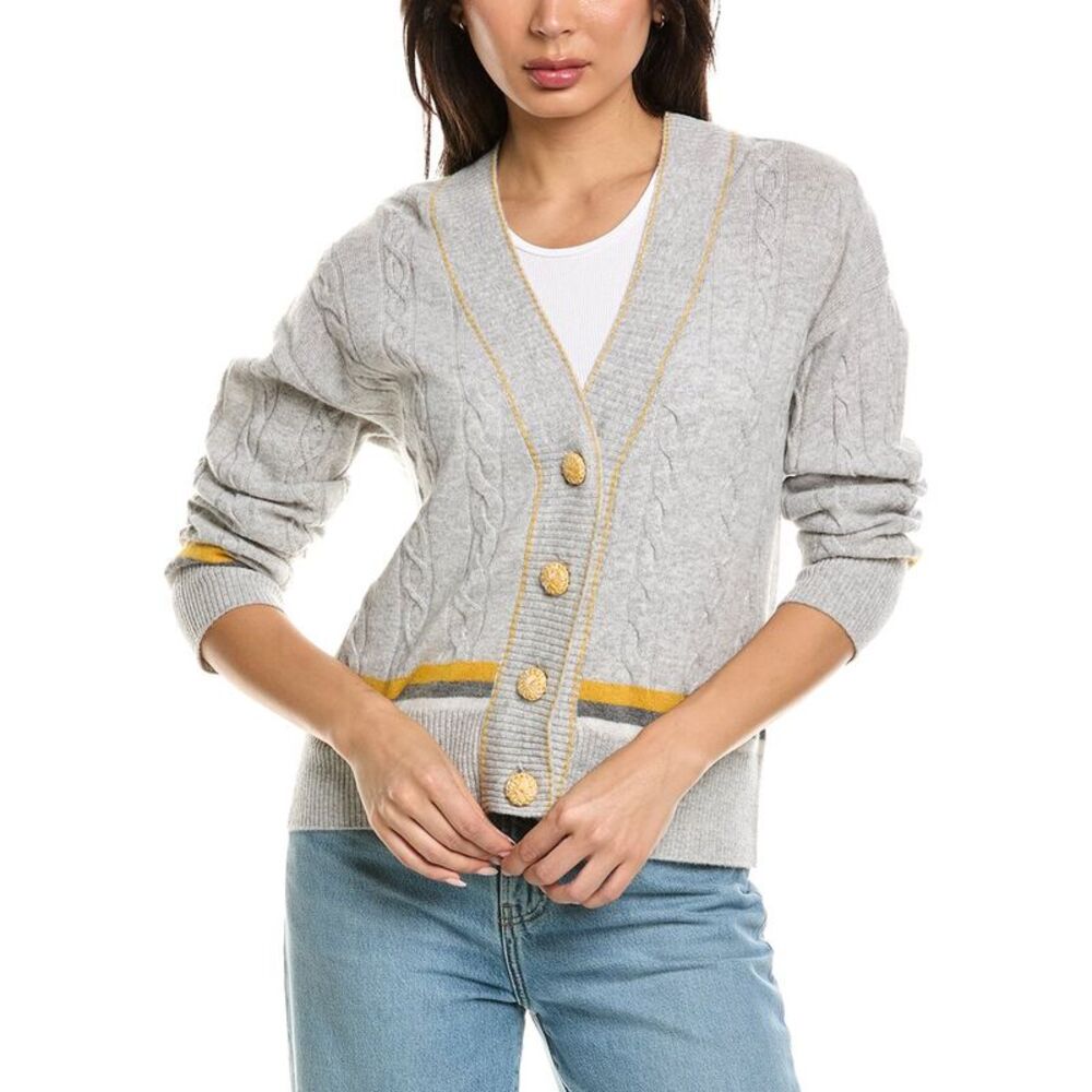 Brodie Cashmere Womens  Varsity Cable 100% Cashmere Cardigan, Gray